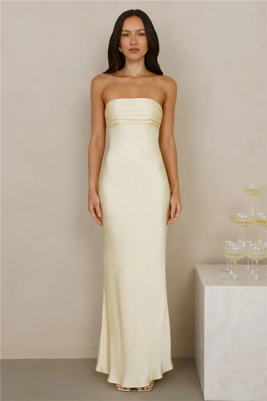 The Seraphina Strapless Satin Maxi Dress Yellow
