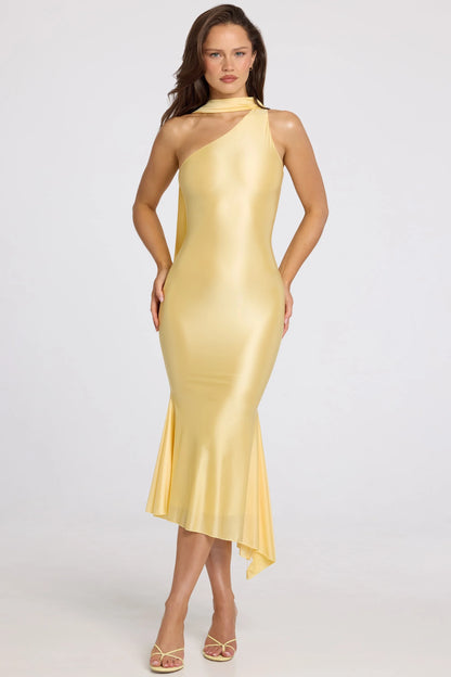Asymmetric Scarf-Detail Midaxi Dress in Butter Yellow