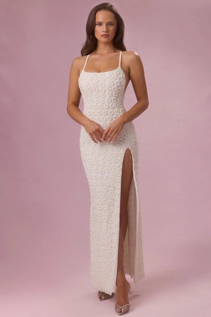 Embellished Square Neck Maxi Dress in Pearl