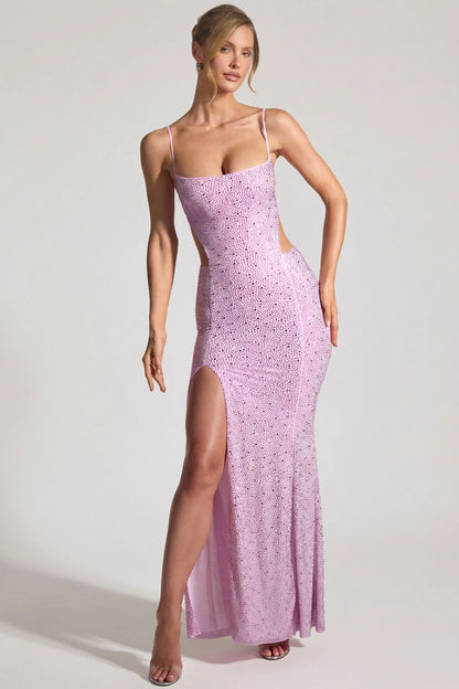 Embellished Cut-Out Fishtail Maxi Dress in Peony Pink