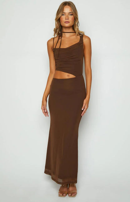Graciela Brown Tie Neck Mesh Maxi Dress