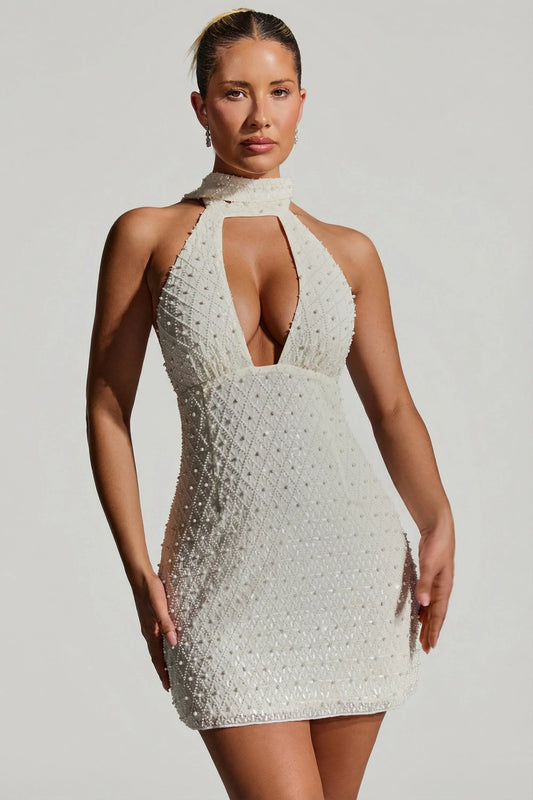 Embellished Scarf-Detail Halterneck Mini Dress in White