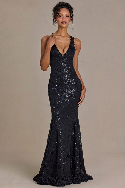 Embellished Plunge Open-Back Gown in Black