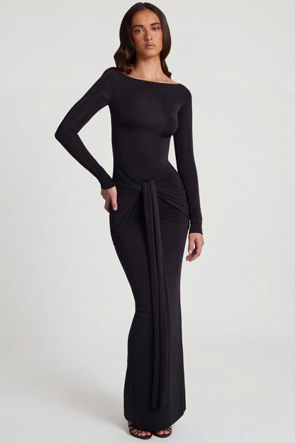 Soft Jersey Boat-Neck Tie-Gather Maxi Dress in Black