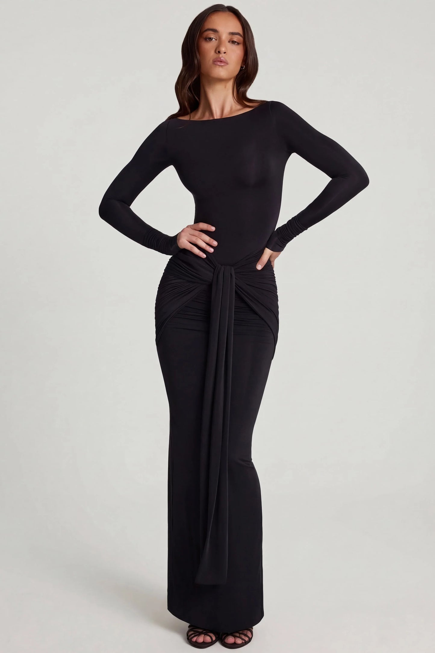 Soft Jersey Boat-Neck Tie-Gather Maxi Dress in Black