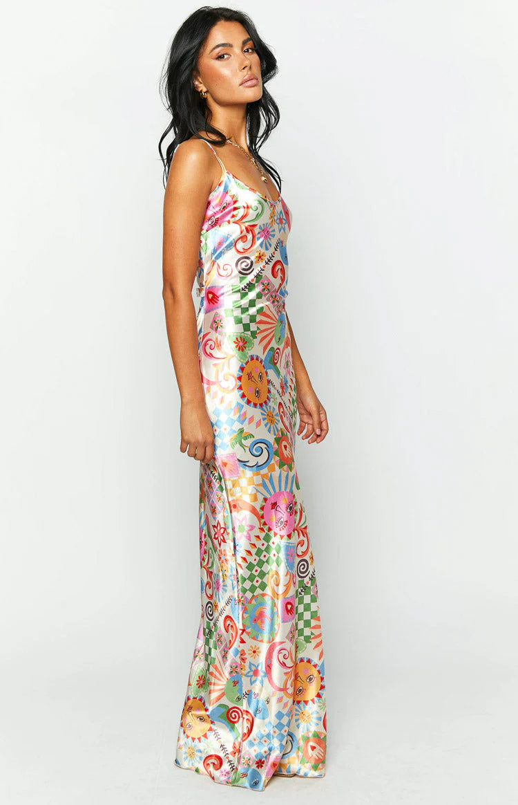 Renesmee Satin Summer Print Maxi Dress