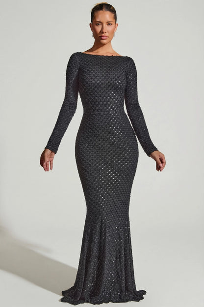 Embellished Open-Back Gown in Black