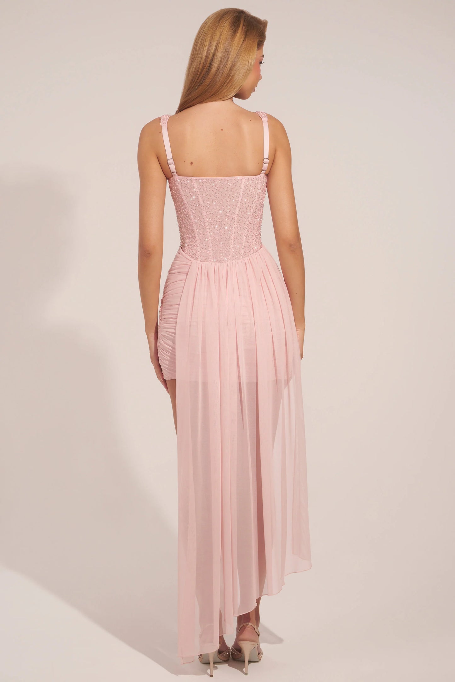 Corseted Draped Mini Dress in Blush Pink