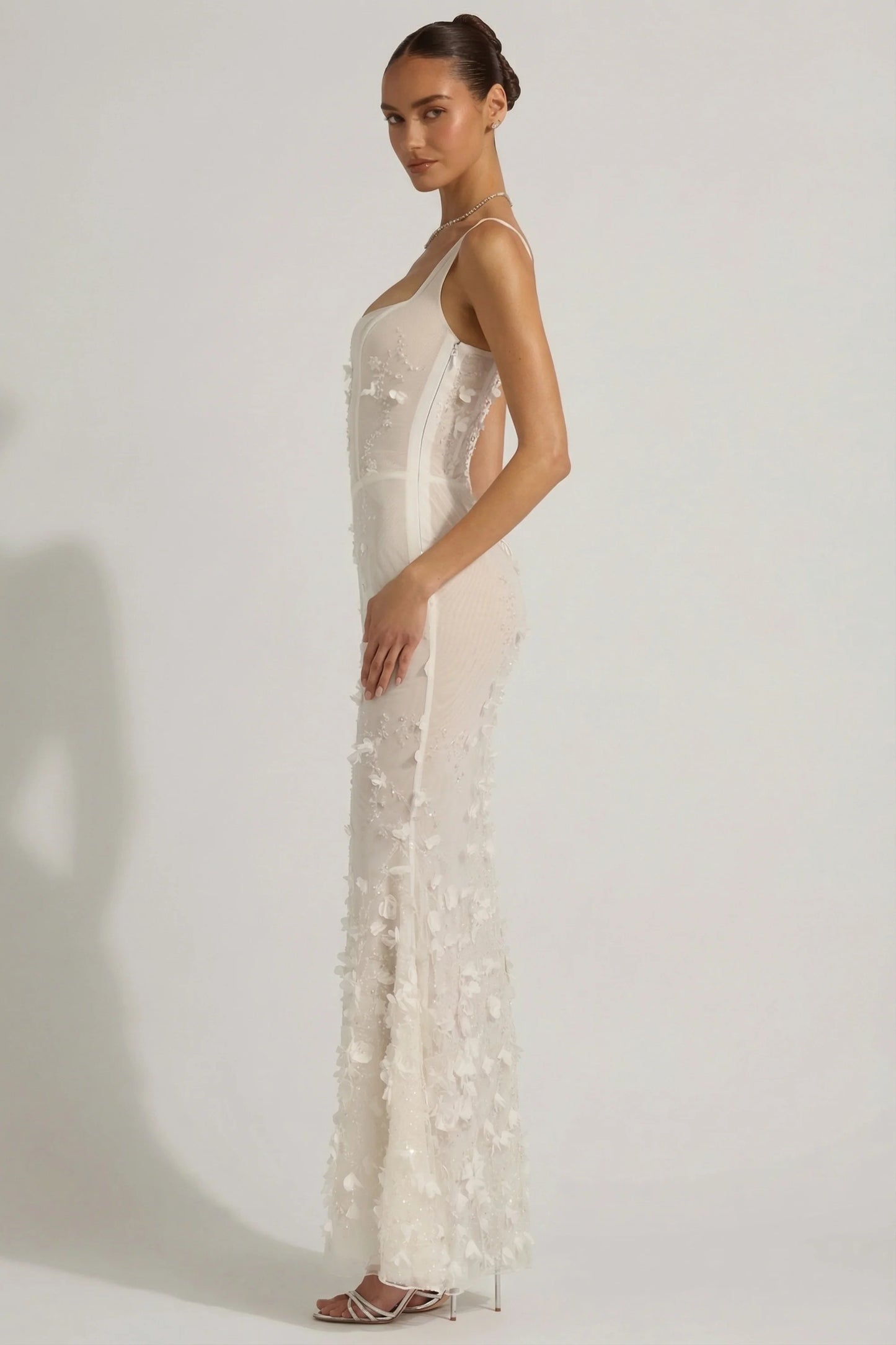 Embellished Appliqué Soft-Scoop Corset Gown in White