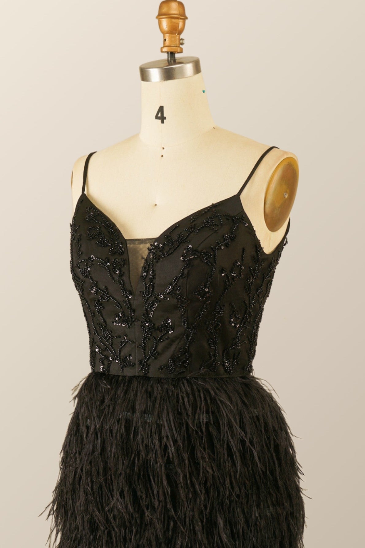 Straps Black Beaded Feather Mini Dress