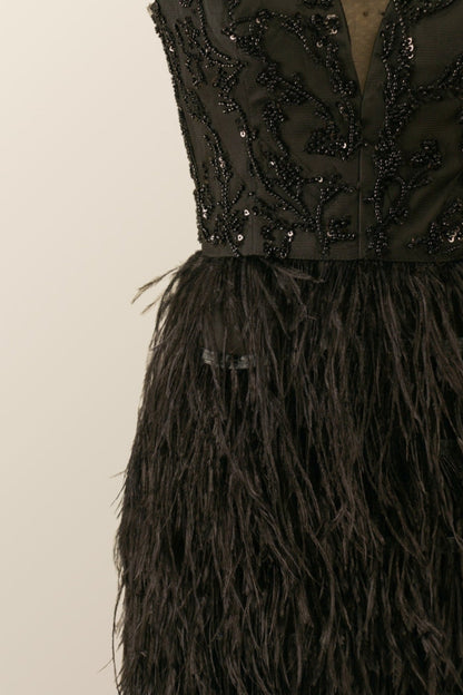 Straps Black Beaded Feather Mini Dress