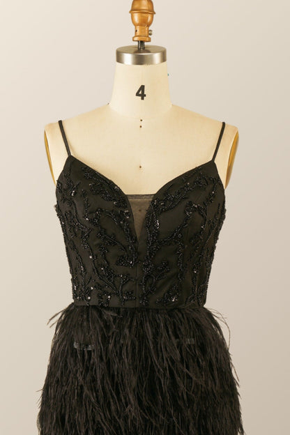Straps Black Beaded Feather Mini Dress