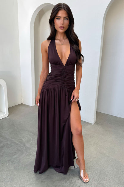 Ginevra Ruched Halter Maxi Dress - Brown