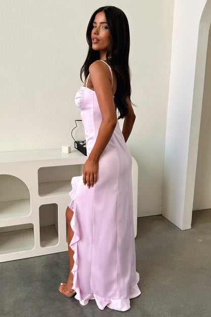 Lauren Ruffle Trim Satin Maxi Dress - Lilac