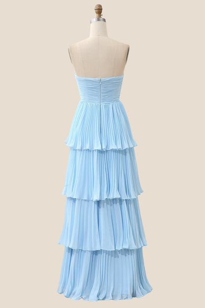 Strapless Light Blue Pleated Tiered Long Party Dress
