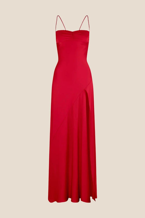 Spaghetti Straps Red Long Dress with Slit